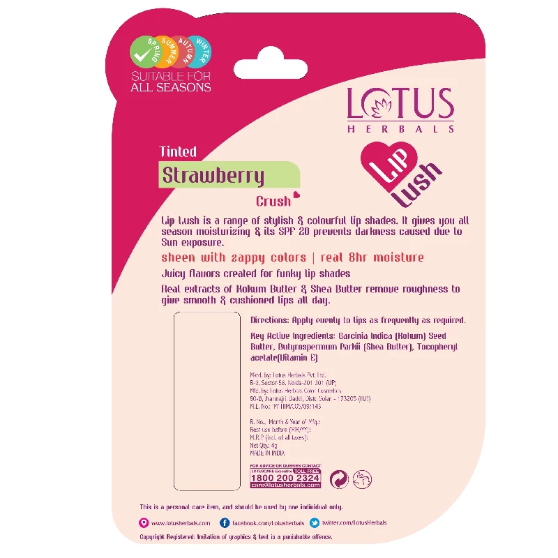 Lotus Herbals Lip Lush Tinted Lip Balm SPF-20 - Strawberry Crush, 4 g-2.webp